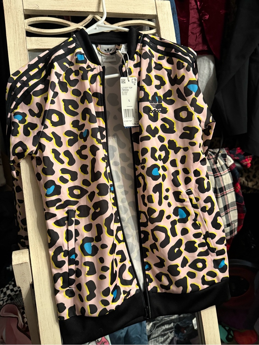 adidas Pink Leopard Print Kids' Zip Track Jacket with Blue and Yellow Accents